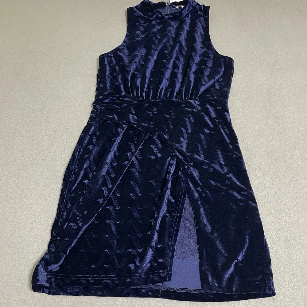 Women's Psychedelic Blue Velvet Lace Mini‎ Dress Halter Neck Slit L HOCO Formal